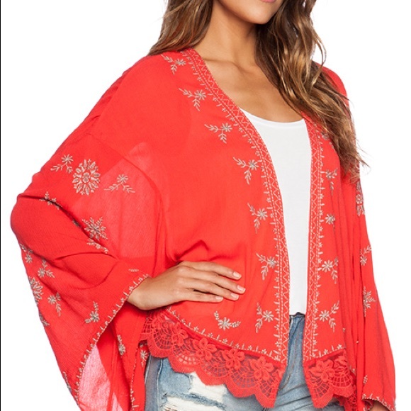 Free People Fire Red Embroidered Kimono size small - Picture 2 of 12